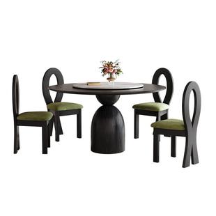 黑色复古风白蜡木纹实木圆形餐桌椅法式中古风圆桌带转盘家用 8人