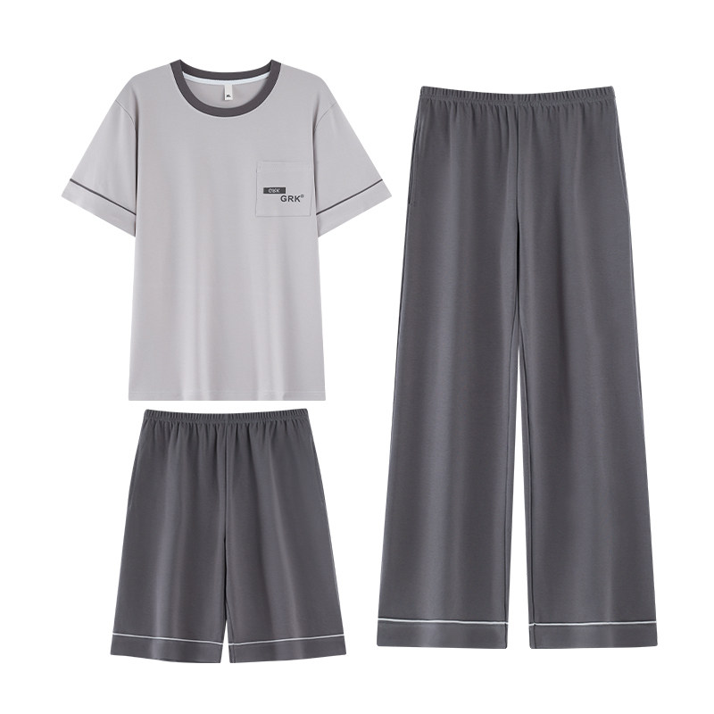 2026年新款100%全棉三件套睡衣男士夏季纯棉短袖短裤长裤家居服