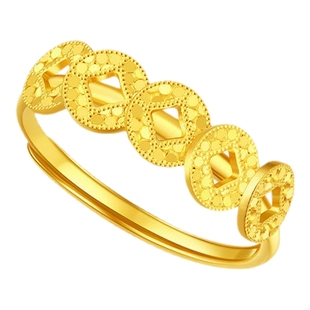 潮宏基爆闪碎碎冰五帝钱币足金戒指5G黄金戒圈指环情人节女