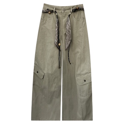 春季复古波西米亚腰带牛仔阔腿裤