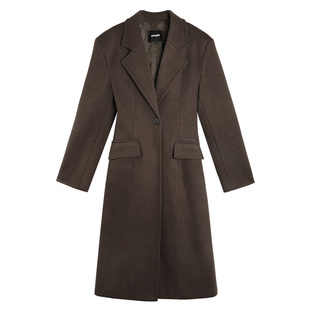 ousph【现货5折】收腰长款毛呢外套女冬季加厚保暖开叉口袋大衣