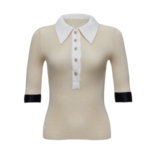 思瑞 polo领气质针织上衣 原创设计通勤OL短袖无袖米杏弹力背心T