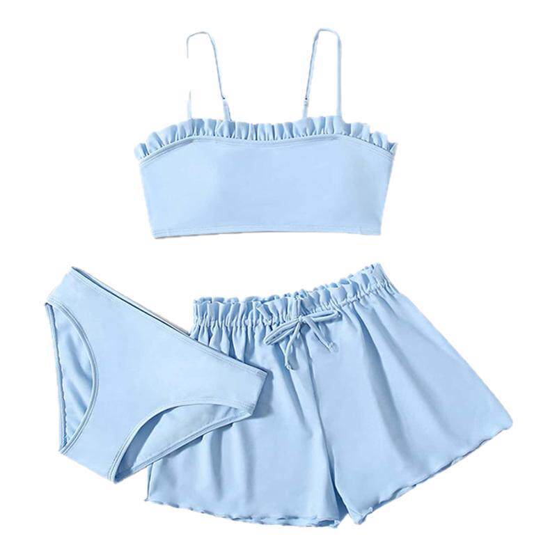 KIDS SWIMSUIT新款儿童纯色荷叶边分体泳衣夏季大女童泳装三件套
