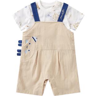 全棉时代夏婴儿梭织短袖套装背带短裤2件套可爱男女童宝宝外穿