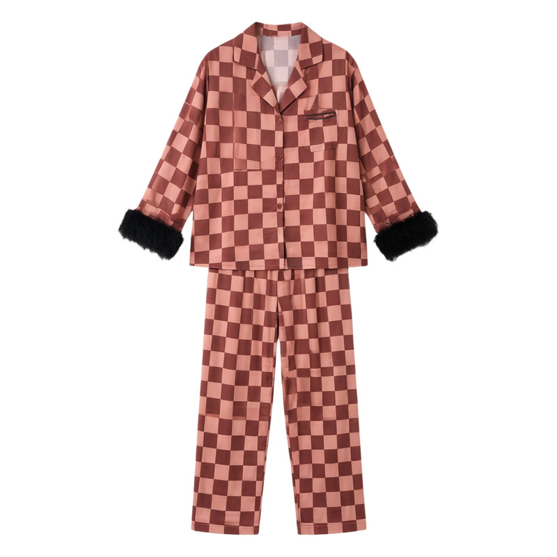 复古摩卡格纹真丝袖口羽毛家居服