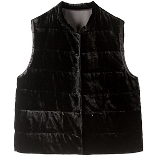 气质小立领贵气真丝丝绒90白鹅绒蓬松温暖无袖羽绒马甲女上衣秋冬