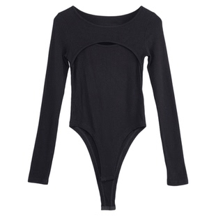 A21女装针织圆领长袖T恤春秋季新款修身显瘦心机镂空内搭打底上衣