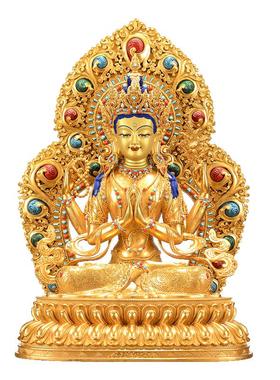 藏式鎏金四臂观音铜器摆件带背光