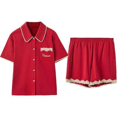 红豆红凉感短袖短裤情侣睡衣