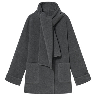 COVERINS可拆卸围巾真丝羊毛大衣外套女中款2025冬新款CC35510070