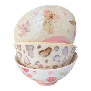 满二包邮日本进口美浓烧可爱亮晶晶小熊樱桃豹纹陶瓷小号饭碗餐具