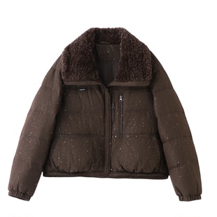 时尚羊羔毛翻领满天星亮片羽绒服女2025冬季气质保暖90白鸭绒外套