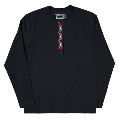 美式复古绣花螺纹长袖纯棉亨利衫