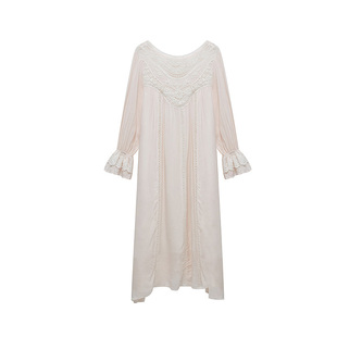 针织棉白色睡衣春秋纯棉蕾丝法式宫廷风长款过膝大码复古睡裙公主