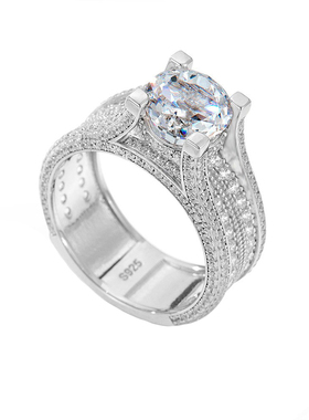 S925纯银5A冰花切锆石满钻戒指