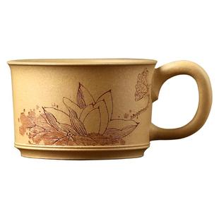 高端宜兴原矿紫砂杯名家李建军纯手工刻绘本山绿泥心如莲花主人杯