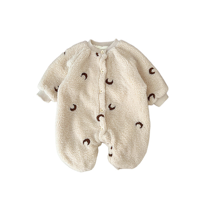 韩版婴儿月亮刺绣加绒保暖连体衣