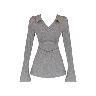 大码微胖休闲长袖T恤女装秋季Polo领打底衫胖MM遮肉显瘦内搭上衣