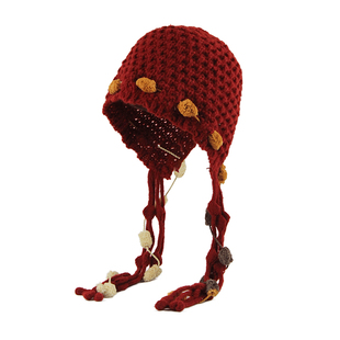 非常好看的小红帽~头包脸精致女孩红色钩织护耳帽显脸小头小帽子