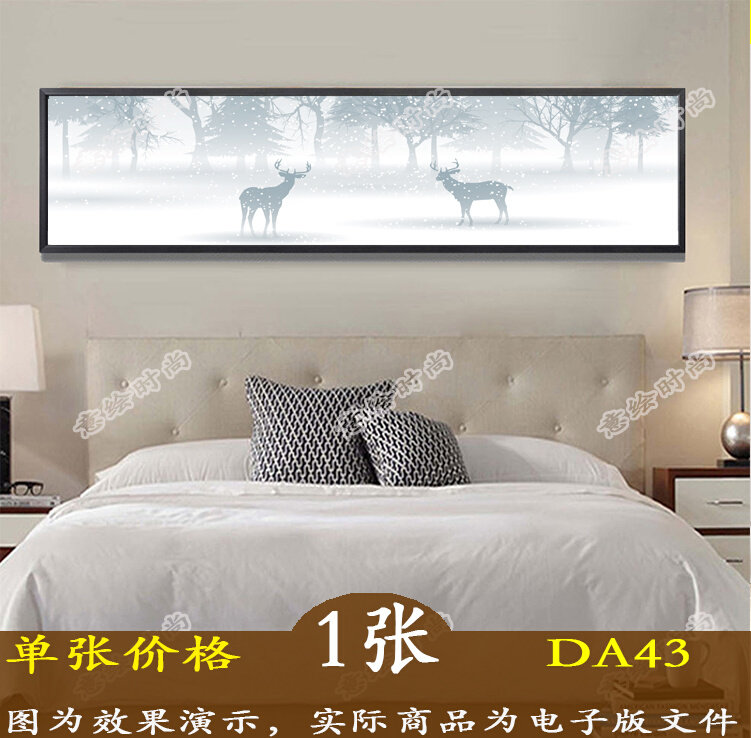 北欧简约雪中树林麋鹿横幅装饰画素材鹿床头画卧室挂画画芯图片