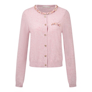 RARE威雅女装2025秋冬新款针织衫女士彩色工艺织带领圈粉色毛开衫