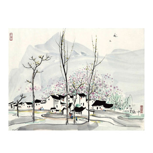 吴冠中江南水乡村庄印制喷绘厚布画芯水墨写意国画风景客厅装饰画