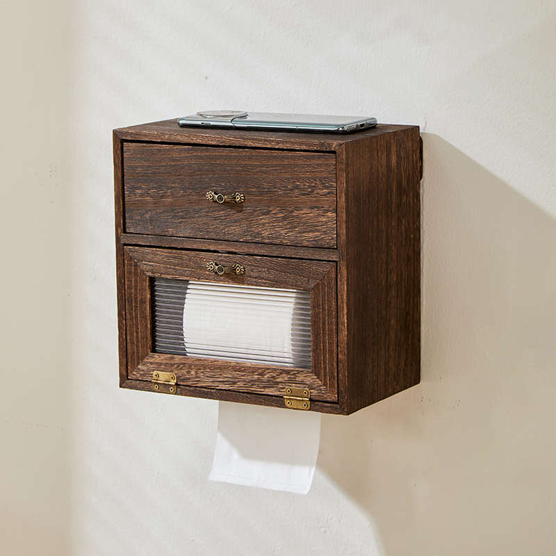 实木中式卫生间厕纸盒壁挂式纸巾盒免打孔抽纸盒卫生纸卷纸置物架