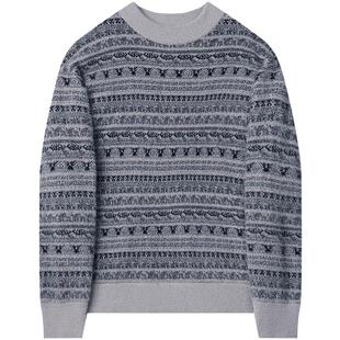 仿貂绒横纹提花加厚针织衫男拼色圆领加厚冬季羽毛纱毛衣