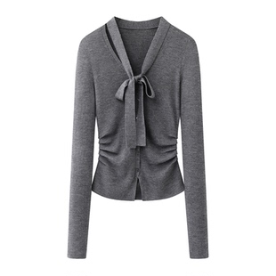 艾诺丝尚忆2026春新款法式排扣收腰V领飘带针织衫毛衣上衣801145