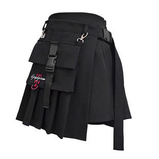 原宿风半身裙女秋冬大码高腰显瘦口袋工装裙不规则百褶裙短裙裤裙