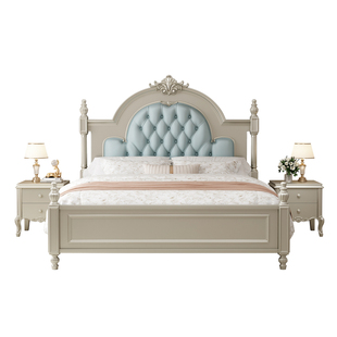 美式轻奢法式主卧床婚床1.8米可储物现代简约头层牛皮软包实木床