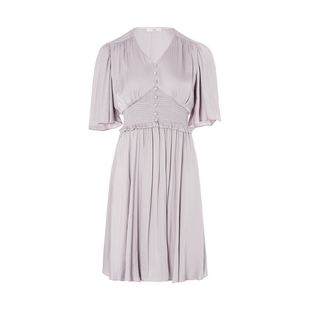 LYNEE 海藻丝垂顺中袖V领收腰连衣裙女优雅显瘦法式裙子