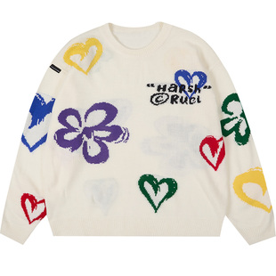 harsh and cruel 手绘喷漆爱心小花朵宽松慵懒休闲定织小标毛衣