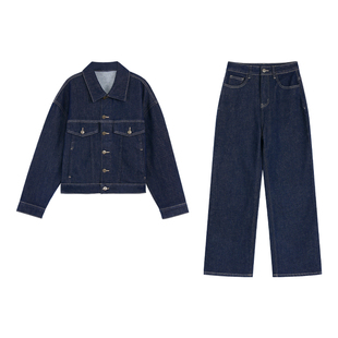 pusumede 丹宁俱乐部 深蓝色翻领牛仔外套女复古直筒牛仔裤两件套