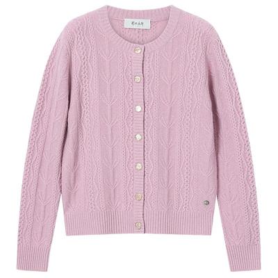 鄂尔多斯1980 女装圆领翻花羊绒开衫25年秋冬新品贝壳扣针织衫