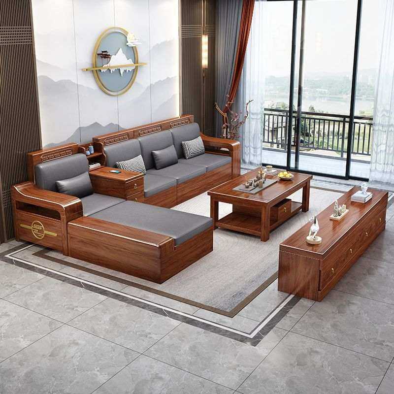 金丝胡桃木实木沙发组合客厅小户型家用冬夏两用中式茶几储物家具