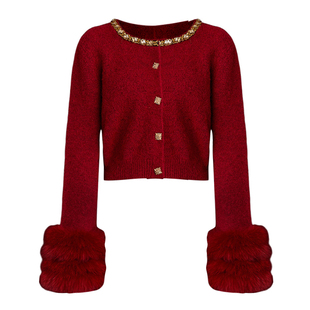 DPLAY红色针织衫女冬季新款上衣狐狸毛好看气质毛衣短款小衫