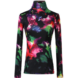 打底内搭高级感可外穿高领印花长袖t恤女修身洋气彩色网纱上衣