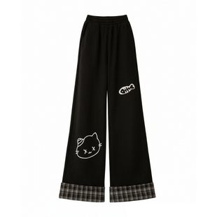 胖mm大码女装可爱卡通印花阔腿卫裤女学院风简约加绒加厚运动裤子