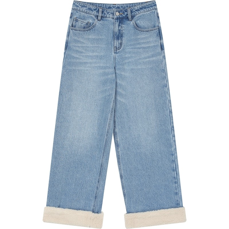 妖精的口袋毛绒拼接浅色加绒牛仔裤女2025年冬季新款阔腿裤直筒裤