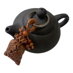 正品雕刻桃木挂件吸财钱袋钥匙扣保平安招财护身木雕旺财吊坠福袋