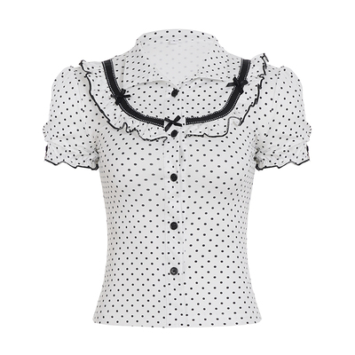 WEEKEEP 法式少女波点木耳边拼接泡泡袖短袖T恤百搭修身排扣上衣