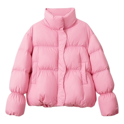 Amii2025冬新款设计感花苞型短款拉链按扣立领鸭绒羽绒服女