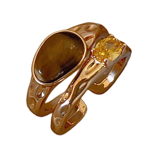 复古美拉德虎眼石中古戒指女生小众设计双层金色食指戒轻奢高级感