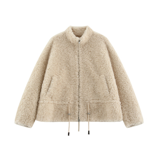 【洛琳】加厚绵密100绵羊毛一体工艺立领抽绳廓形毛毛外套-66625