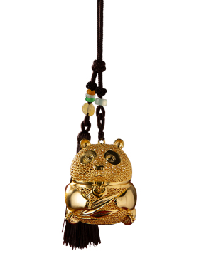 黄铜熊猫摆件胸有成竹车载挂件手把件随身把玩镂空香薰送朋友礼物