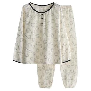 卡通小狗套头睡衣女士春秋夏季纯棉纱布薄款大码长袖家居服套装