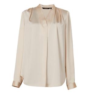 罗衣知性职业OL缎面衬衫女春季新款气质V领杏色衬衣长袖上衣04878