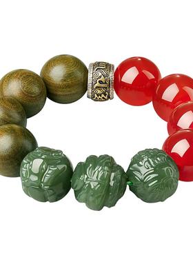 绿檀木手串红玛瑙和田玉三合生肖