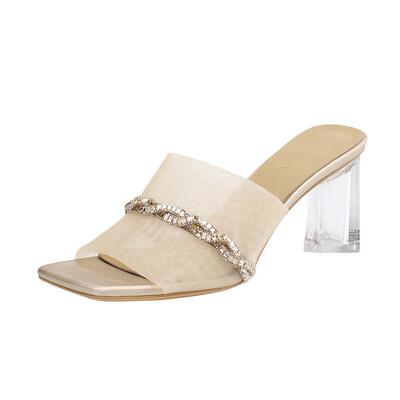 哈森时尚外穿一字拖鞋夏款水钻粗高跟气质显高女鞋HWM250140